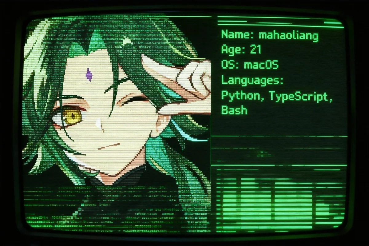 CRT 终端屏幕上的像素形象：mahaoliang · macOS · Python / TypeScript / Bash